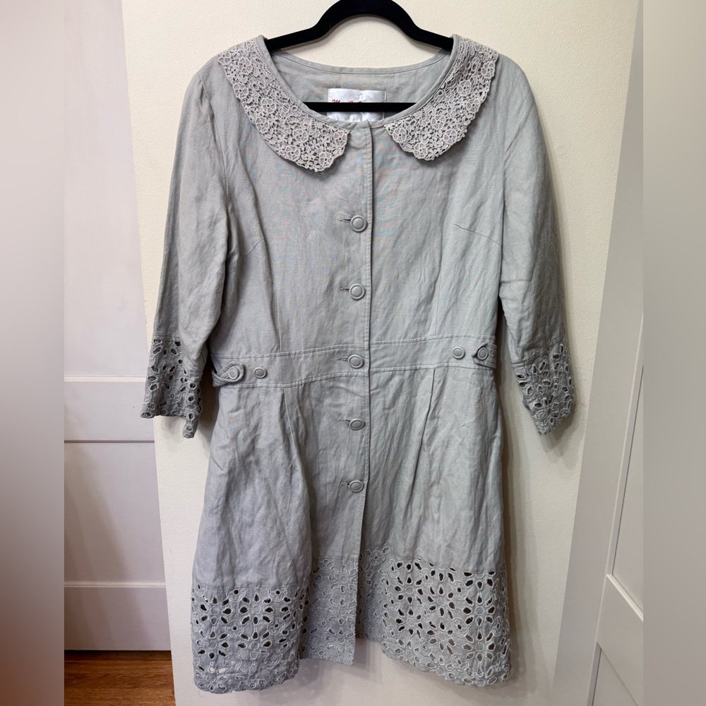 Vintage / L / Linen Blend Eyelet Dress / Peter Pan Collar / Coquette Girl / Grey